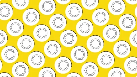 Round recycle icon in white circle in pattern on a yellow background Video stock 173179443