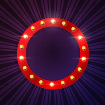 Round red bulb frame on blue stripes background. Vector template. 스톡 일러스트
