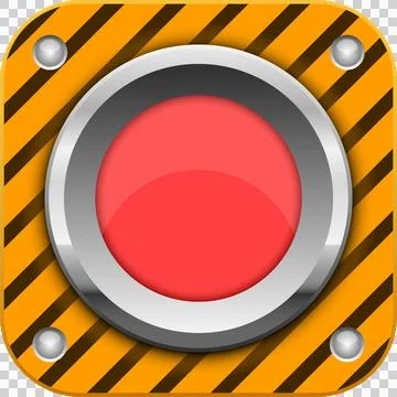 A round, red button, encased in silver metal, is positioned on an orange an.. Illustrazione stock