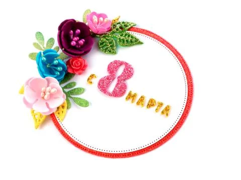 Round red frame on a white background with handmade colorful flowers and the  Stock Photos