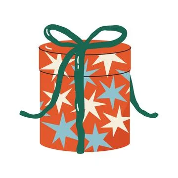 Round red gift box decorated with star pattern and green ribbon bow for holid Stock Illustration
