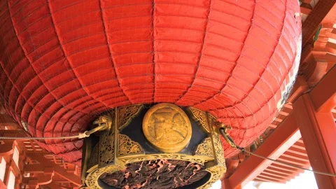 The round red lantern hanging inside the temple in Tokyo Japan Stock Footage 121440582