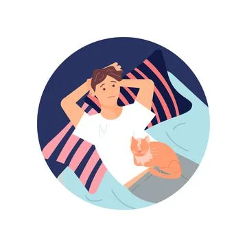 Round red template with Young man character is lying on back in bed with Stock Illustration