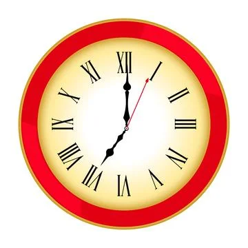 Round red wall clock with roman numerals showing 7am Stock Illustration