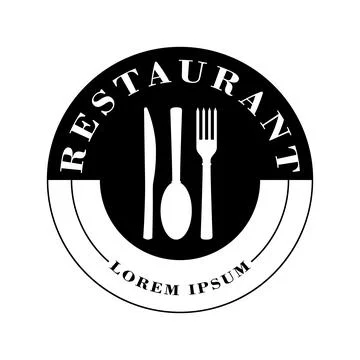 Round restaurant logo with spoon, fork and knife. Black and white template. Stock Illustration