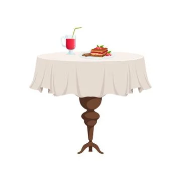 Round restaurant table with white tablecloth setting with glass of juice and Illustrazione stock
