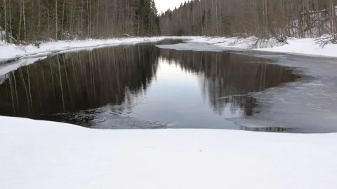 Round river bay covered with thin frozen icy bank edges Video stock 108839895