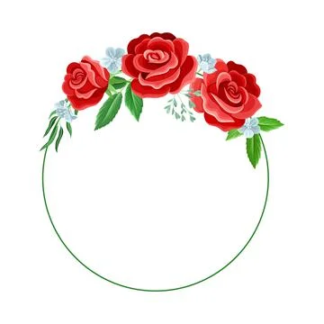 Round Rose Frame with Red Lush Bud and Green Leaves Arranged in Shape with Illustrazione stock