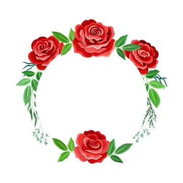 Round Rose Frame with Red Lush Bud and Green Leaves Arranged in Shape Vector 스톡 일러스트