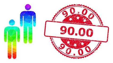 Round Rubber 90.00 Stamp with Vector Lowpoly Persons Icon with Rainbow Gradient Stock Illustration