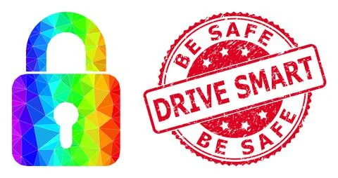 Round Rubber Be Safe Drive Smart Stamp Seal with Vector Polygonal Lock Icon with Stock-Illustration