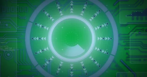 Round scanner against data processing and microprocessor connections on black Vídeo Stock 325030749