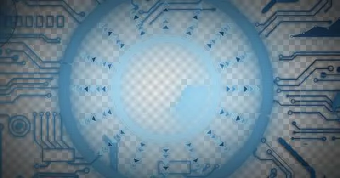 Round scanner against data processing and microprocessor connections on black Stock Illustration