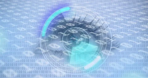 Round scanner and binary coding data processing against close up of female eye Stock Footage 150669168