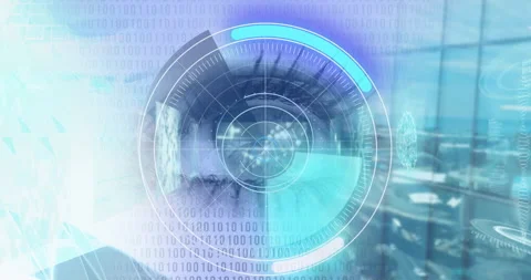 Round scanner and binary coding data processing against close up of female eye Stock Footage 150669241