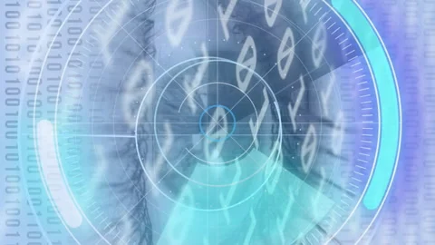 Round scanner and binary coding data processing against close up of female eye Video stock 312384465