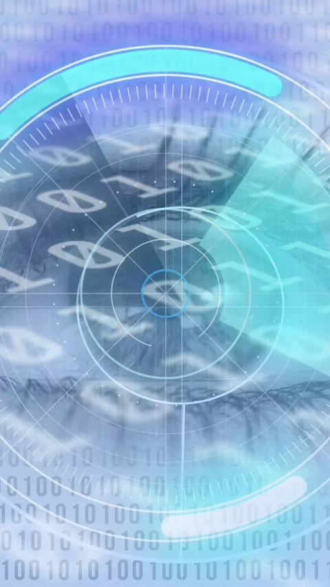 Round scanner and binary coding data processing against close up of female eye Stock Footage 331630632