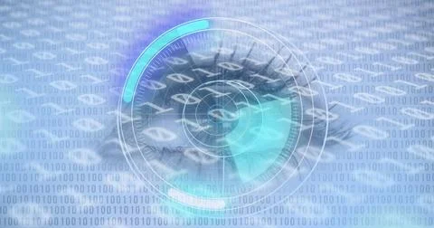 Round scanner and binary coding data processing against close up of female eye 스톡 사진