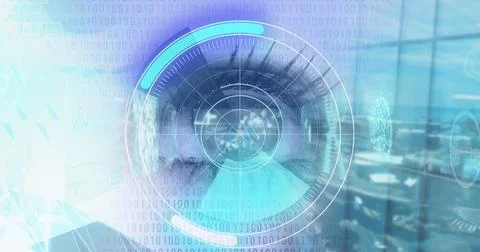 Round scanner and binary coding data processing against close up of female eye Foto stock