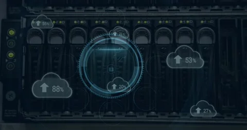 Round scanner and cloud icons with increasing percentage against close up of a Video stock 201402323