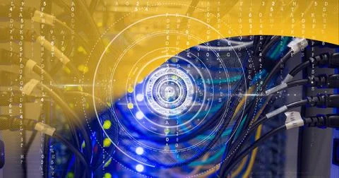 Round scanner and data processing over computer server against yellow technology Stock Illustration