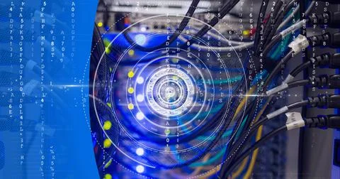 Round scanner and data processing over computer server against blue technology Stock Illustration