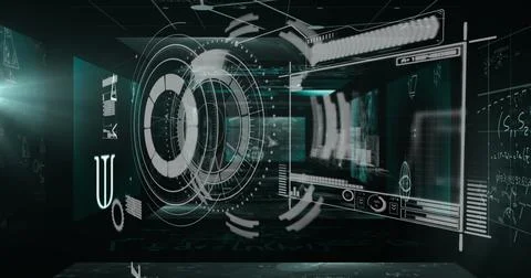 Round scanner and data processing against screens with mathematical equations on Stock Illustration