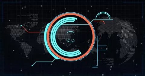 Round scanner and data processing against world map and spinning globe on black Illustrazione stock