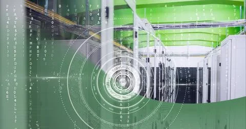 Round scanner and data processing over computer server room against green Stock Photos