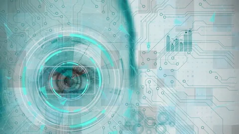 Round scanner and microprocessor connections against close up of female eye Stockbeeldmateriaal 150669134