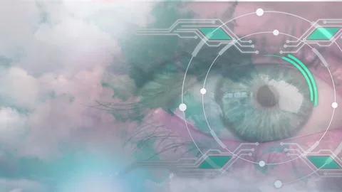 Round scanner and microprocessor connections over close up of female eye against Stock Footage 150669152