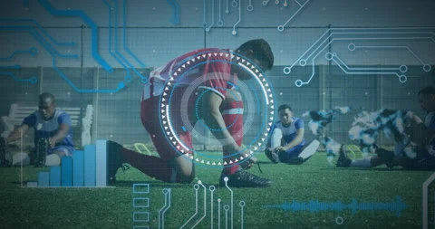 Round scanner and microprocessor connections against male soccer player tying Vídeo Stock 153475443