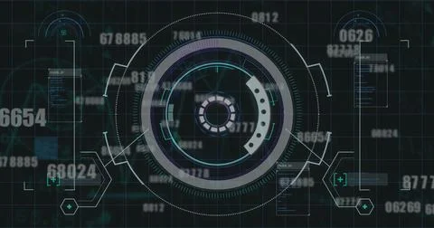 Round scanner and multiple changing numbers against data processing on black Stock Illustration