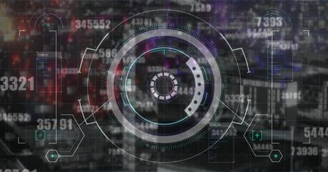 Round scanner and multiple changing numbers against cityscape at night 스톡 일러스트