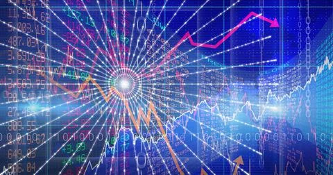 Round scanner and multiple graphs over stock market data processing on blue Stock Illustration
