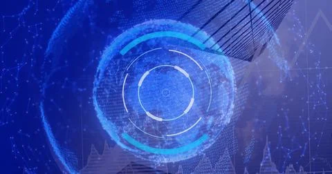 Round scanner and network of connections on blue background against tall Illustrazione stock