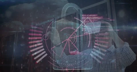 Round scanner and security padlock icon against caucasian man wearing vr headset Stock Footage 329925717
