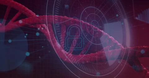 Round scanner and security padlock and shield icon against spinning dna Stock Illustration