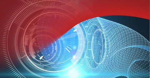 Round scanner over blue digital wave against red technology background Stock Illustration