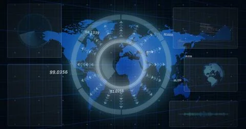 Round scanner over digital interface with data processing over world map on 스톡 사진