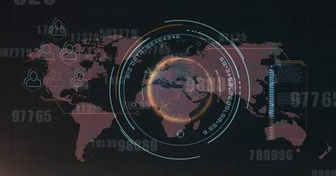 Round scanner over multiple changing numbers against world map on black Stock Illustration