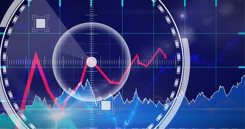 Round scanner over multiple graphs against grid network on blue background Illustrazione stock