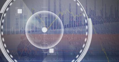 Round scanner over statistical and stock market data processing on grey Stock Illustration