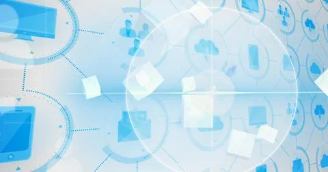 Round scanner scanning over network of digital icons against blue background Illustrazione stock