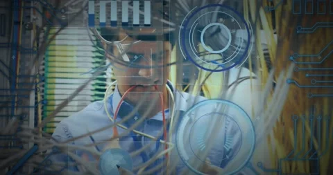 Round scanners and and microprocessor connections against caucasian male Vídeo Stock 199307964