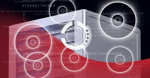 Round scanners and data processing against computer server against red Illustrazione stock