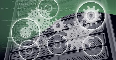 Round scanners and data processing against computer server against green Foto stock