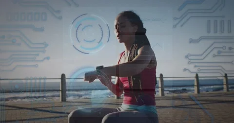 Round scanners and microprocessor connections against african american fit woman Vídeo Stock 171876252