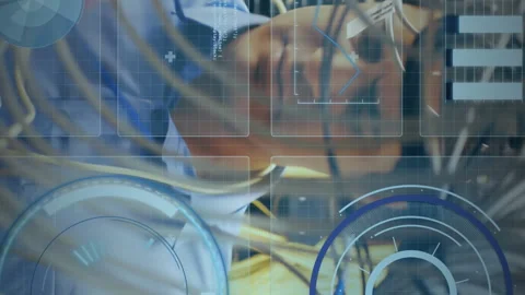 Round scanners and microprocessor connections against caucasian male engineer Video stock 312422297