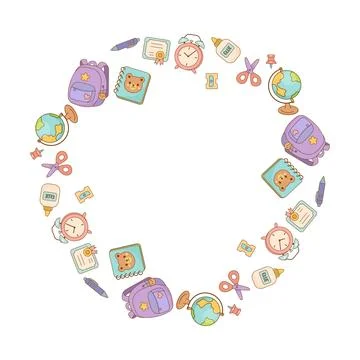 Round school frame with cute vector supplies and icons Stock Illustration